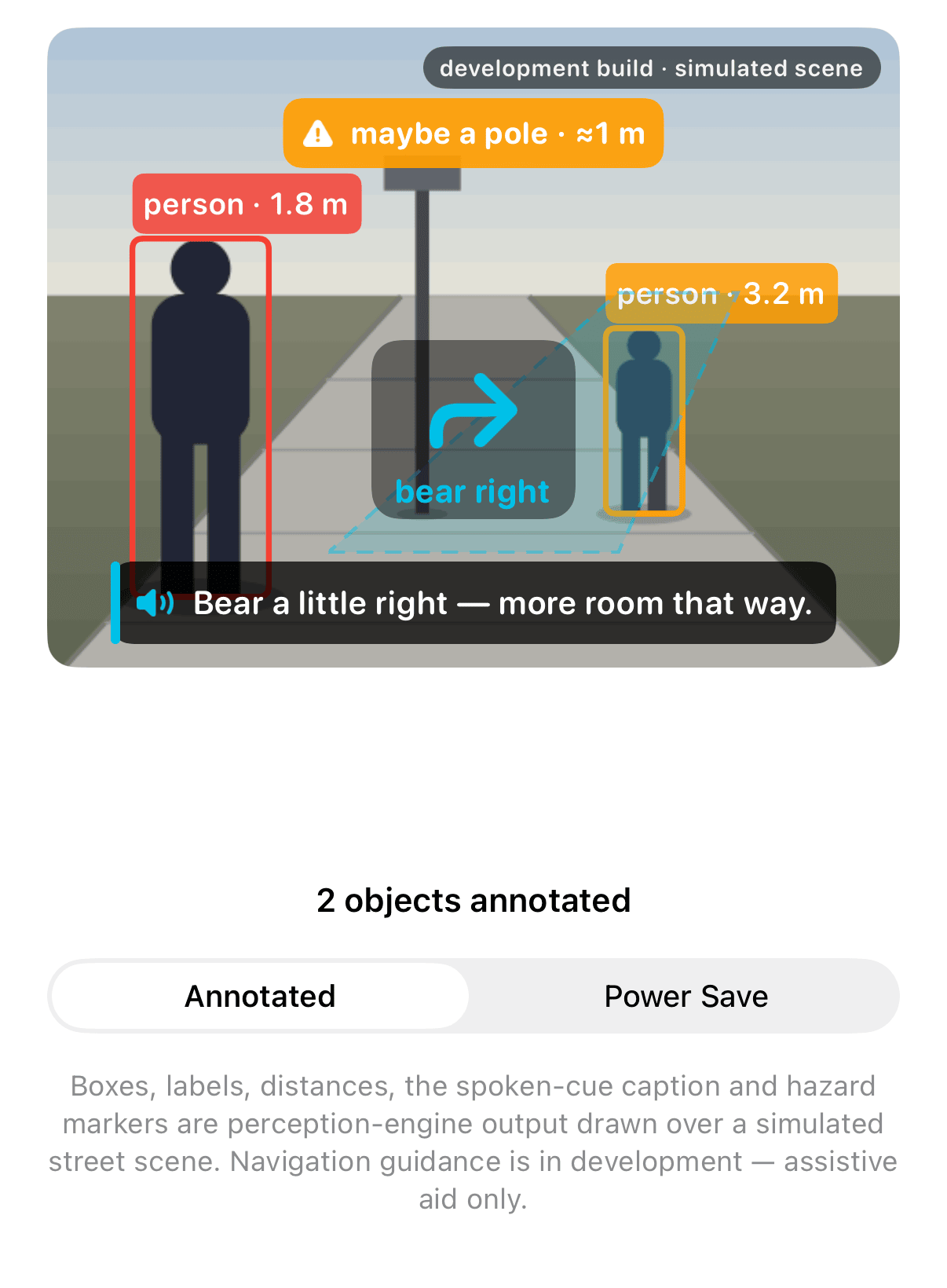 What the perception engine sees — bounding boxes, object labels, and distance measurements drawn over a footpath scene: a path edge detection overlay, labelled obstacles, and depth readings annotated on a simulated development-build scene.