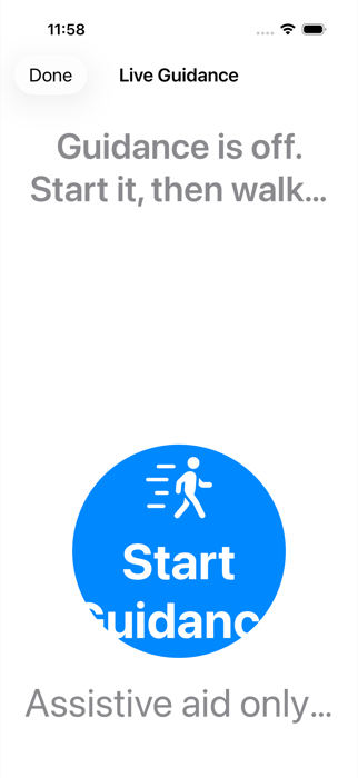 Development build screenshot of the ChatLemur app's Live Guidance screen, with a large Start Guidance button and the honest note 'Assistive aid only'.
