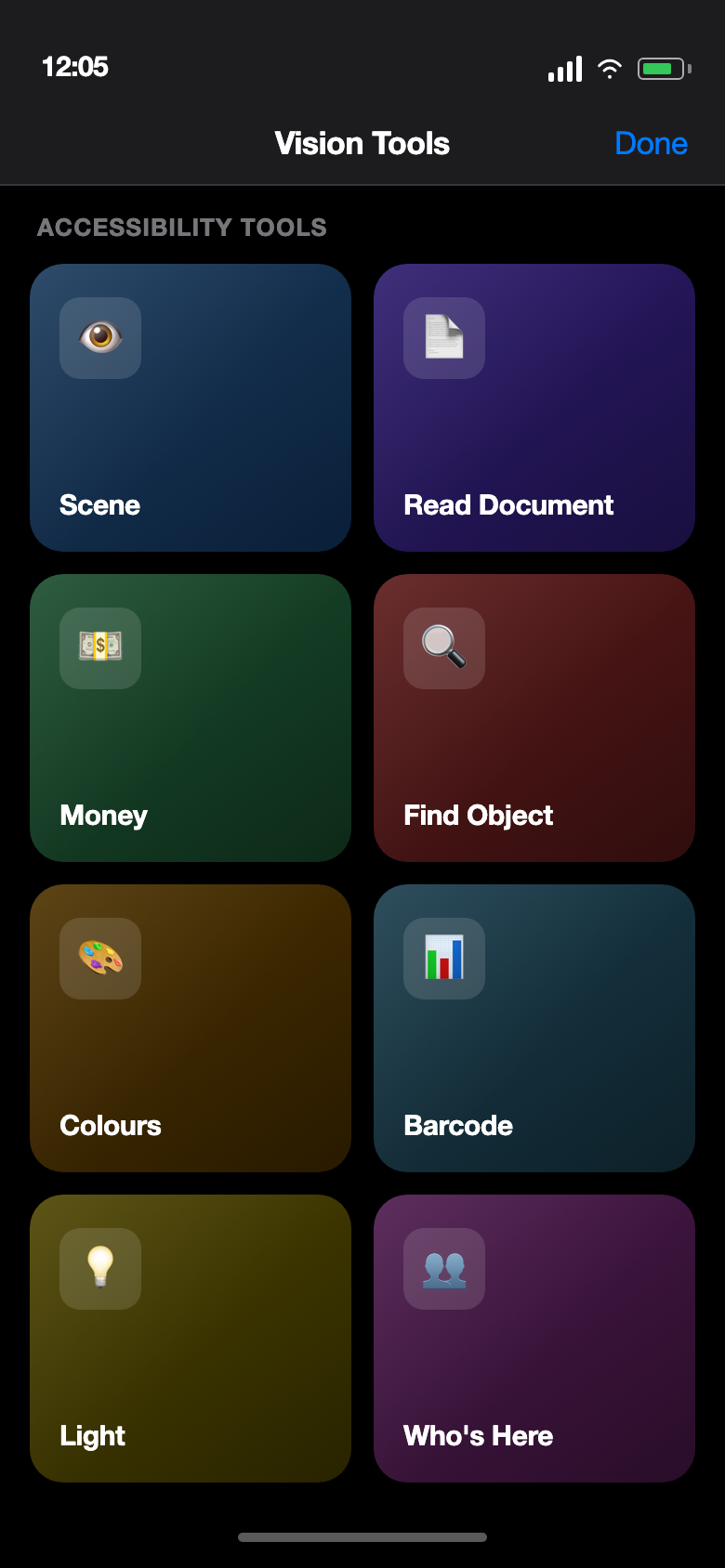 Development build screenshot of the ChatLemur app's Vision Tools screen — eight of the app's twelve accessibility tools in a clean grid: Scene, Read Document, Money, Find Object, Colours, Barcode, Light, and Who's Here (Named Faces). Live Scene, Point & Speak, Find a Door, and Read Text are not shown in this view.