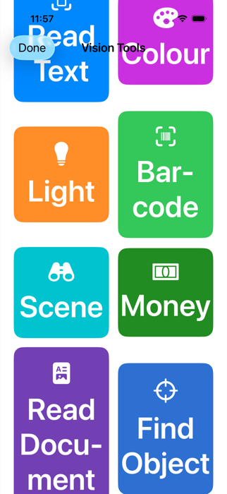Development build screenshot of the ChatLemur app's Vision Tools screen — an eight-tile grid of accessibility tools: Read Text, Colour, Light, Barcode, Scene, Money, Read Document, and Find Object.