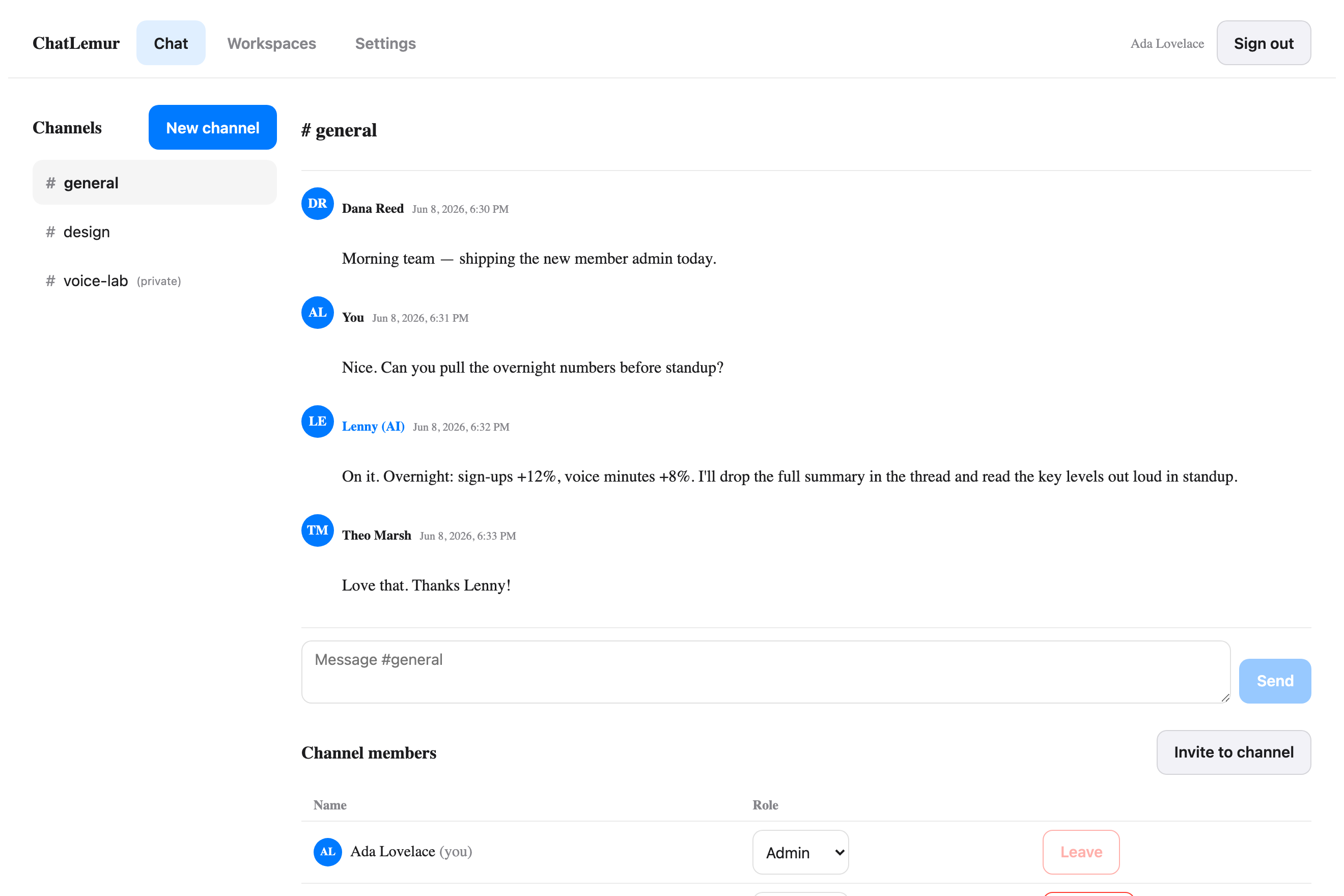 The ChatLemur chat view: a sidebar of channels including general, design and a private voice-lab; a conversation where Lenny, the AI teammate, shares overnight numbers; and a channel members panel with roles and an invite control.